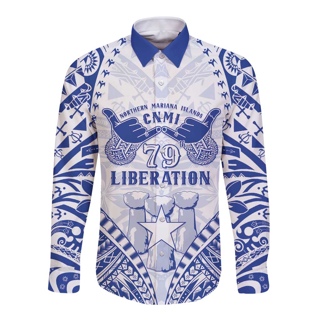 Northern Mariana Islands Liberation Day Long Sleeve Button Shirt 79th Anniversary LT05 Unisex Blue - Polynesian Pride