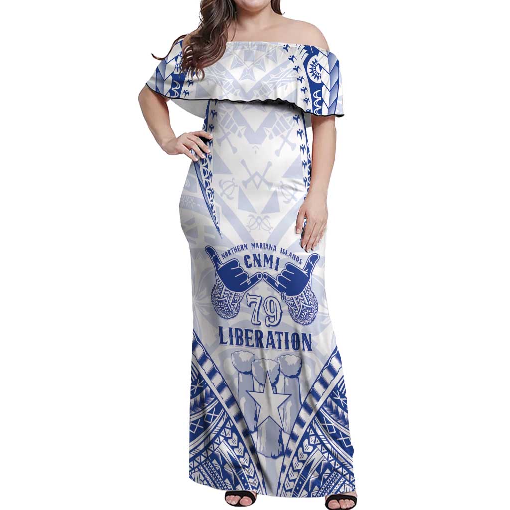 Northern Mariana Islands Liberation Day Off Shoulder Maxi Dress 79th Anniversary LT05 Women Blue - Polynesian Pride