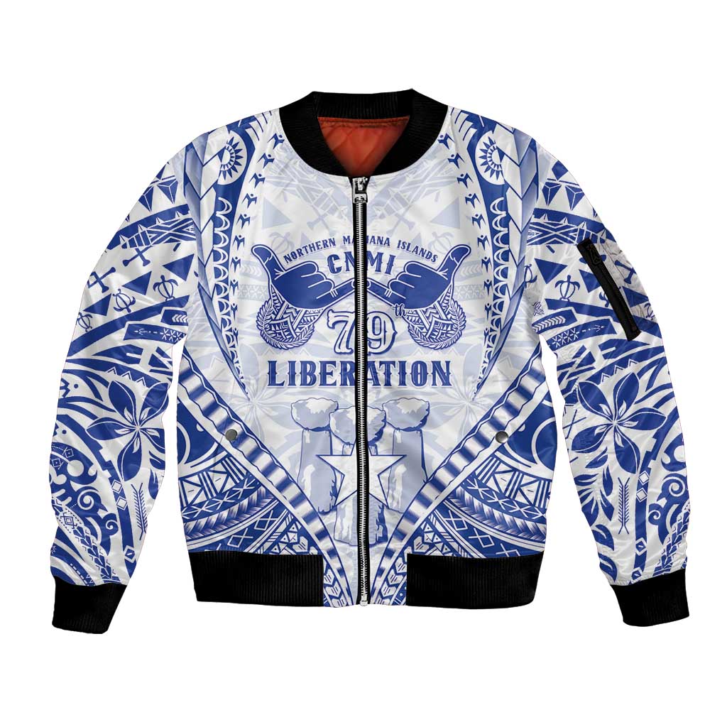 Northern Mariana Islands Liberation Day Sleeve Zip Bomber Jacket 79th Anniversary LT05 Unisex Blue - Polynesian Pride