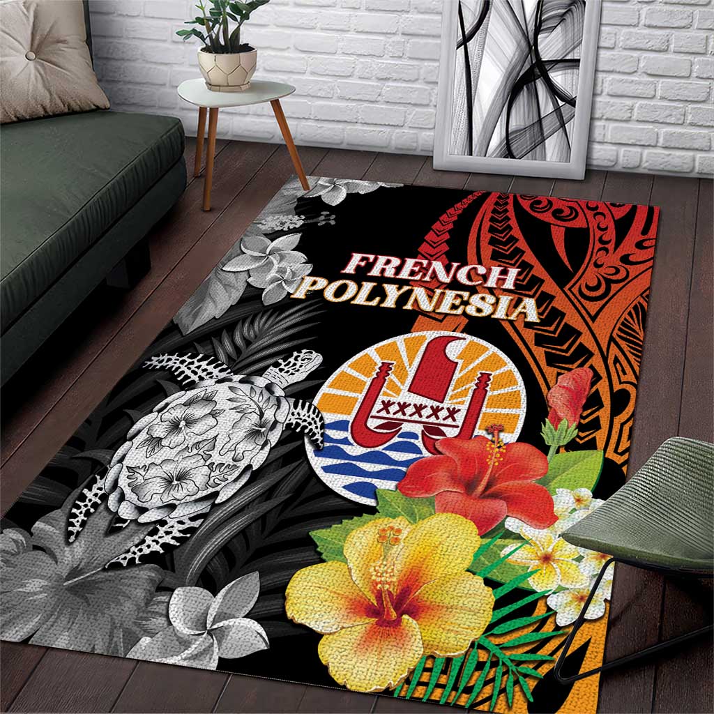 French Polynesia Bastille Day Area Rug Tropical Turtle Hibiscus Polynesian Pattern LT05 Black - Polynesian Pride