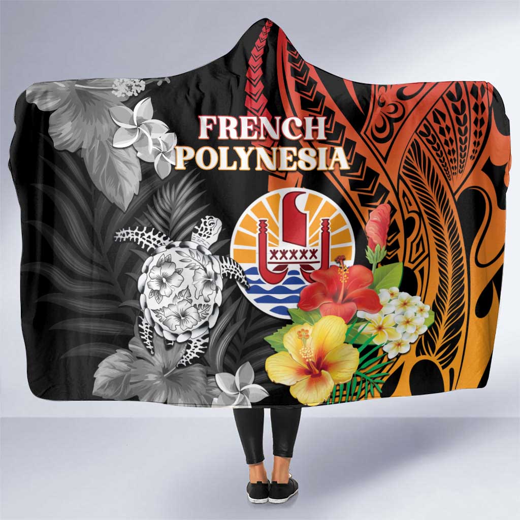 French Polynesia Bastille Day Hooded Blanket Tropical Turtle Hibiscus Polynesian Pattern LT05 One Size Black - Polynesian Pride