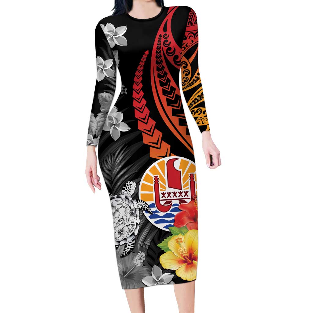 French Polynesia Bastille Day Long Sleeve Bodycon Dress Tropical Turtle Hibiscus Polynesian Pattern LT05 Long Dress Black - Polynesian Pride