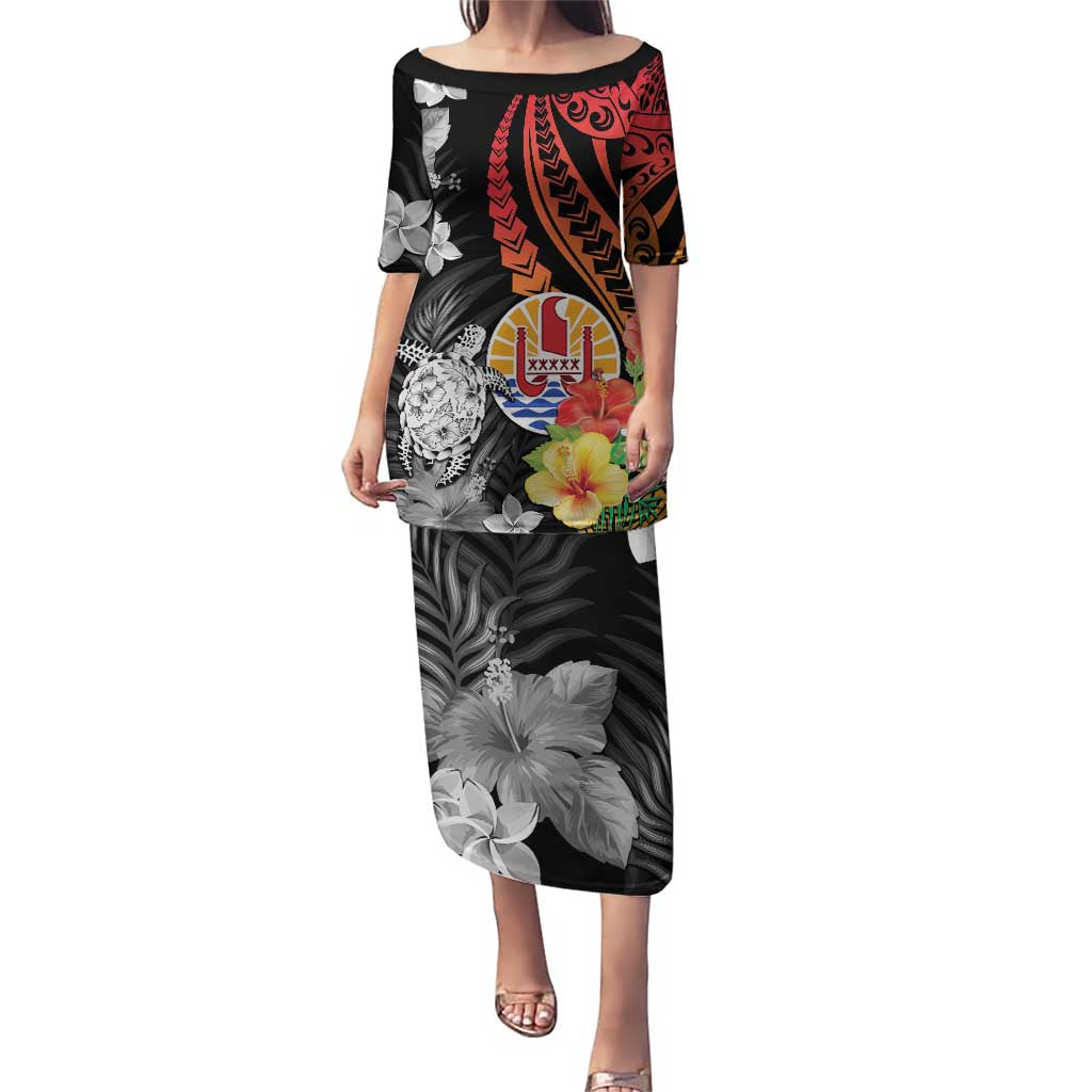 French Polynesia Bastille Day Puletasi Tropical Turtle Hibiscus Polynesian Pattern LT05 Long Dress Black - Polynesian Pride