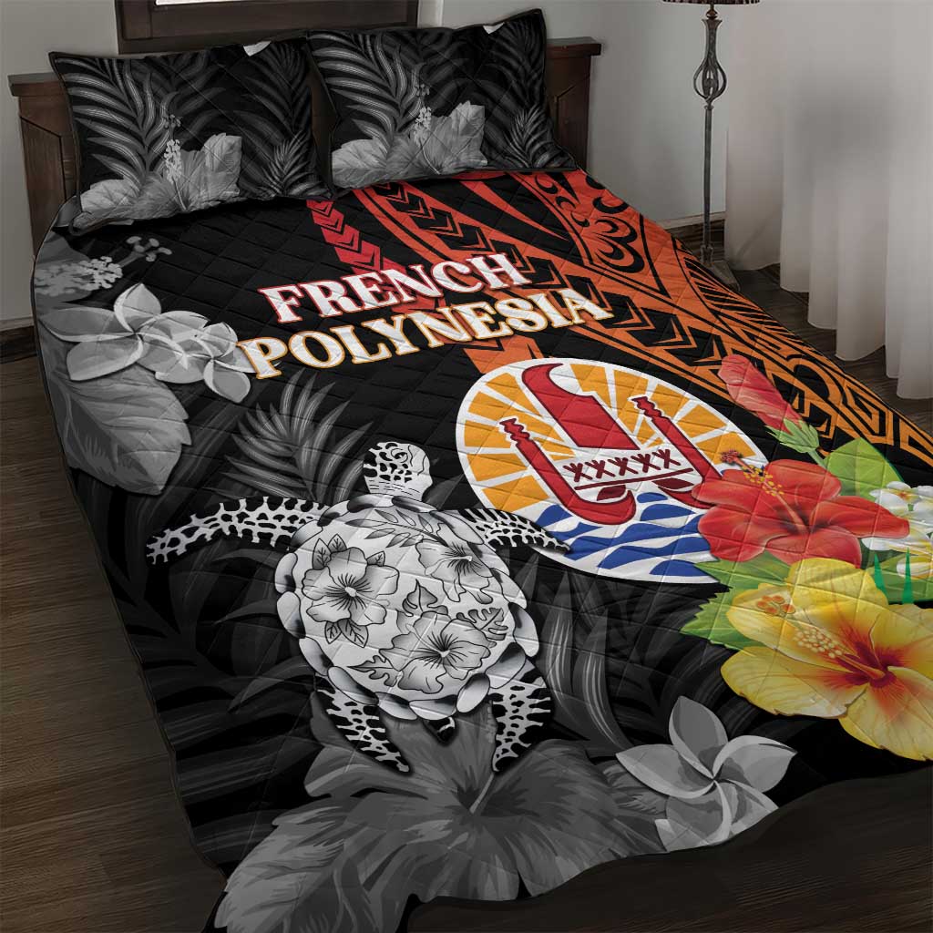 French Polynesia Bastille Day Quilt Bed Set Tropical Turtle Hibiscus Polynesian Pattern LT05 Black - Polynesian Pride