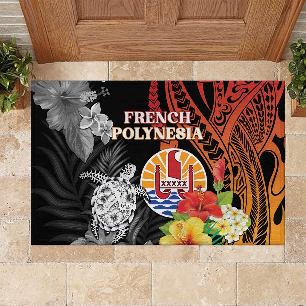 French Polynesia Bastille Day Rubber Doormat Tropical Turtle Hibiscus Polynesian Pattern LT05 Black - Polynesian Pride