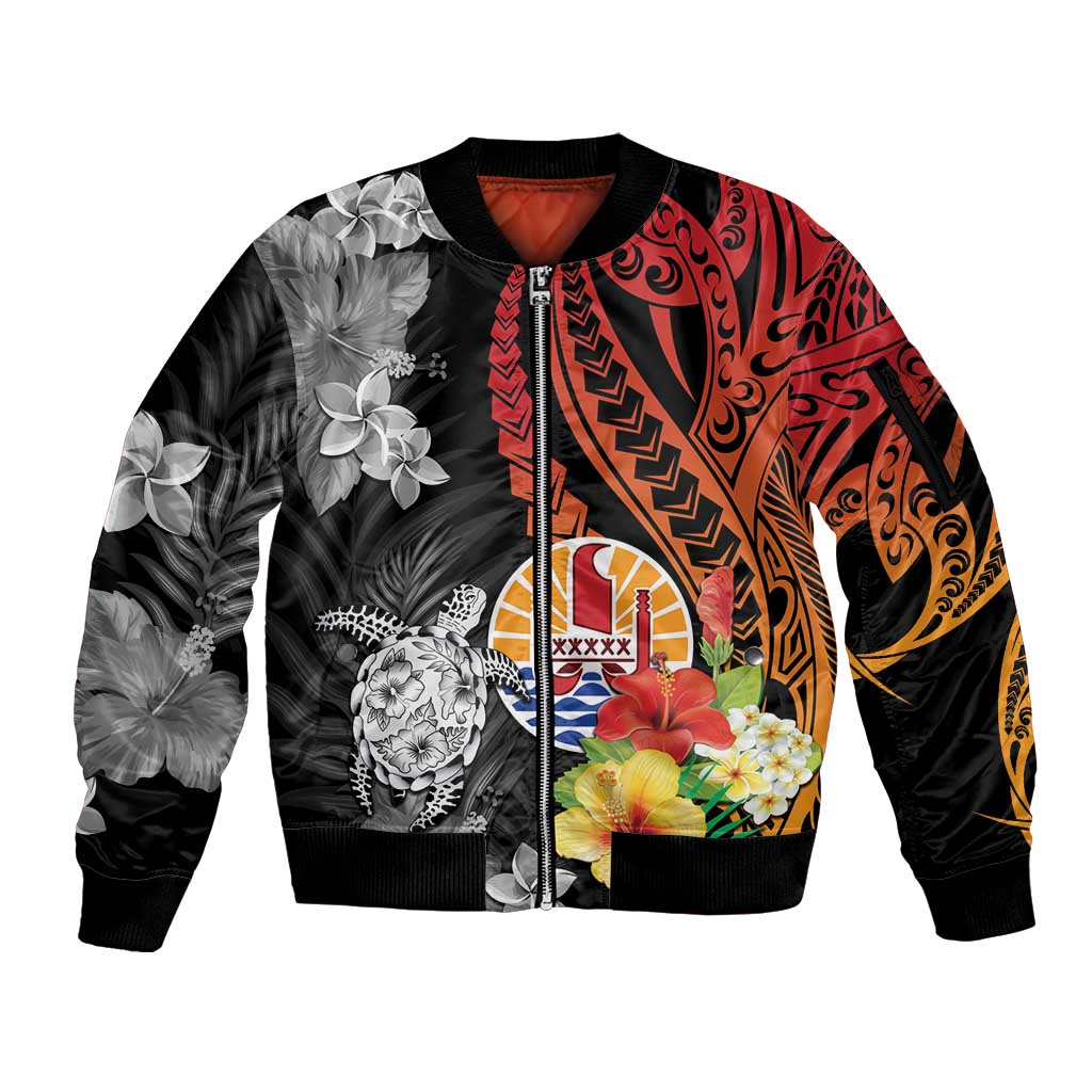 French Polynesia Bastille Day Sleeve Zip Bomber Jacket Tropical Turtle Hibiscus Polynesian Pattern LT05 Unisex Black - Polynesian Pride