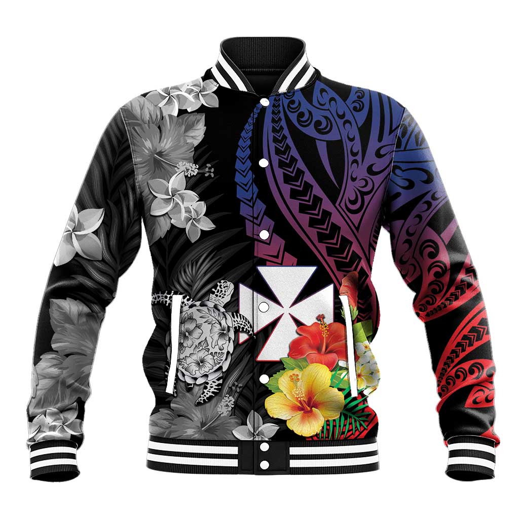 Wallis and Futuna Bastille Day Baseball Jacket Tropical Turtle Hibiscus Polynesian Pattern LT05 Unisex Black - Polynesian Pride
