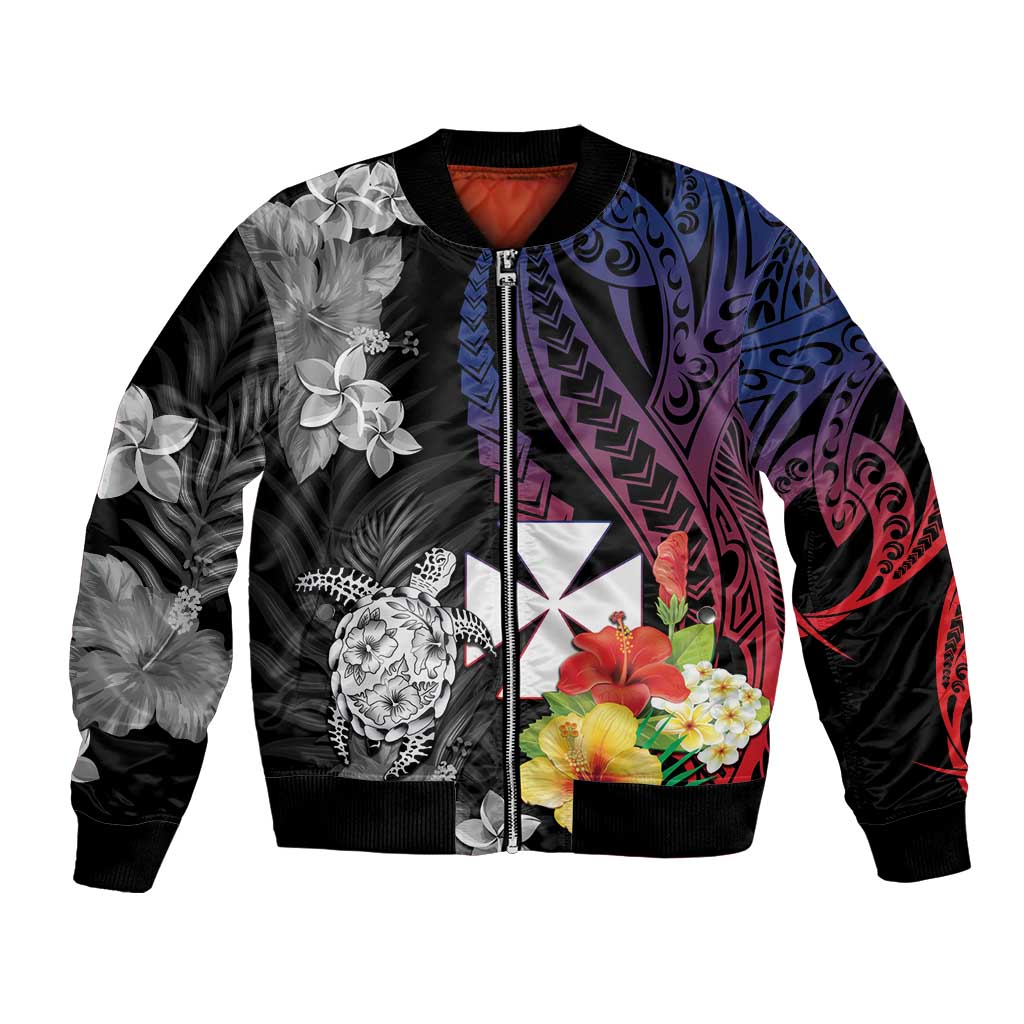 Wallis and Futuna Bastille Day Bomber Jacket Tropical Turtle Hibiscus Polynesian Pattern LT05 Unisex Black - Polynesian Pride