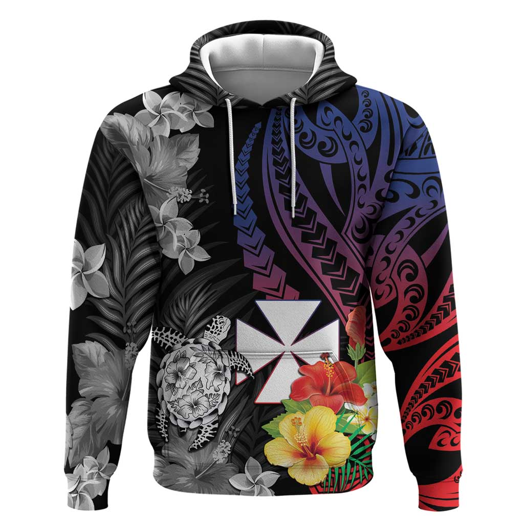 Wallis and Futuna Bastille Day Hoodie Tropical Turtle Hibiscus Polynesian Pattern LT05 Pullover Hoodie Black - Polynesian Pride
