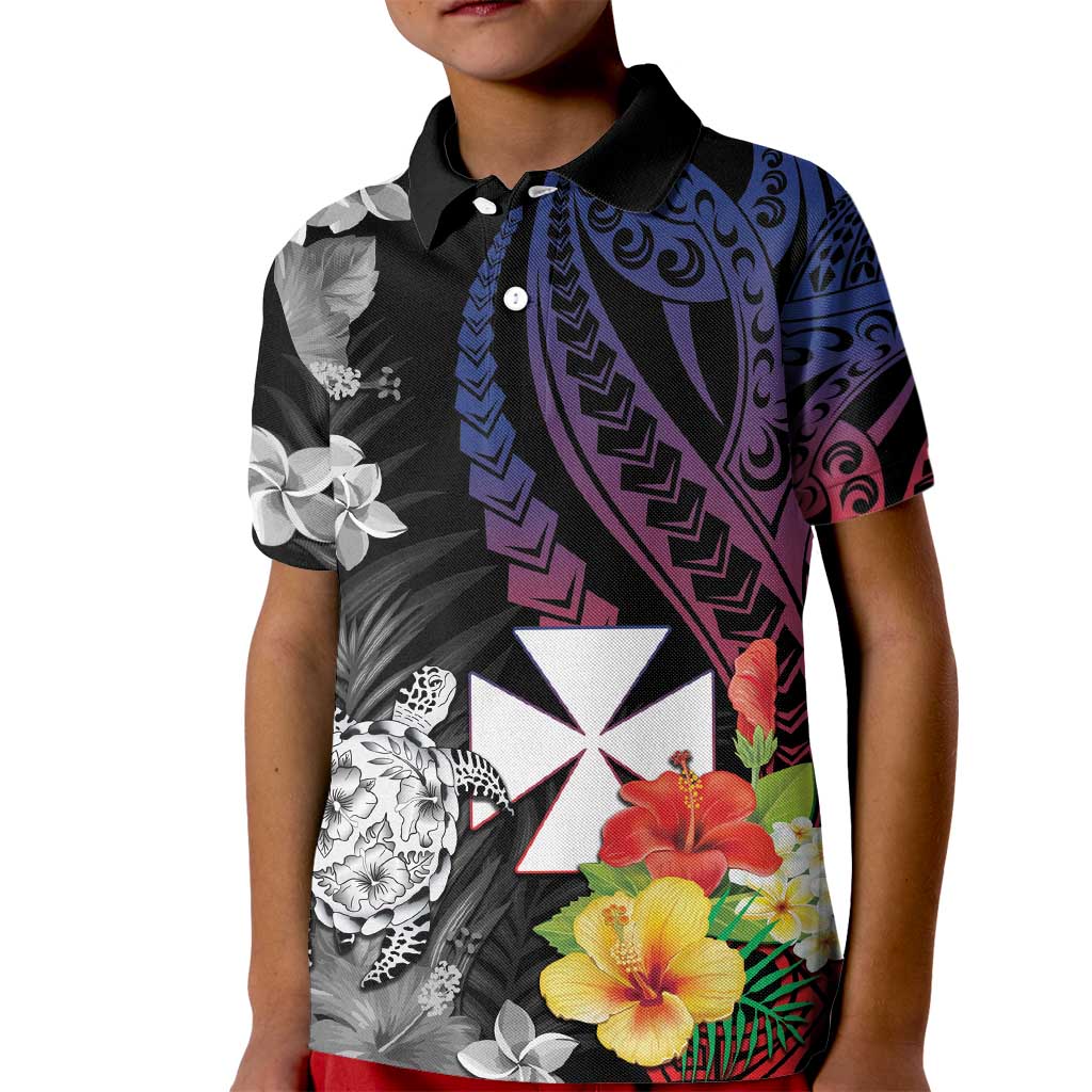 Wallis and Futuna Bastille Day Kid Polo Shirt Tropical Turtle Hibiscus Polynesian Pattern LT05 Kid Black - Polynesian Pride