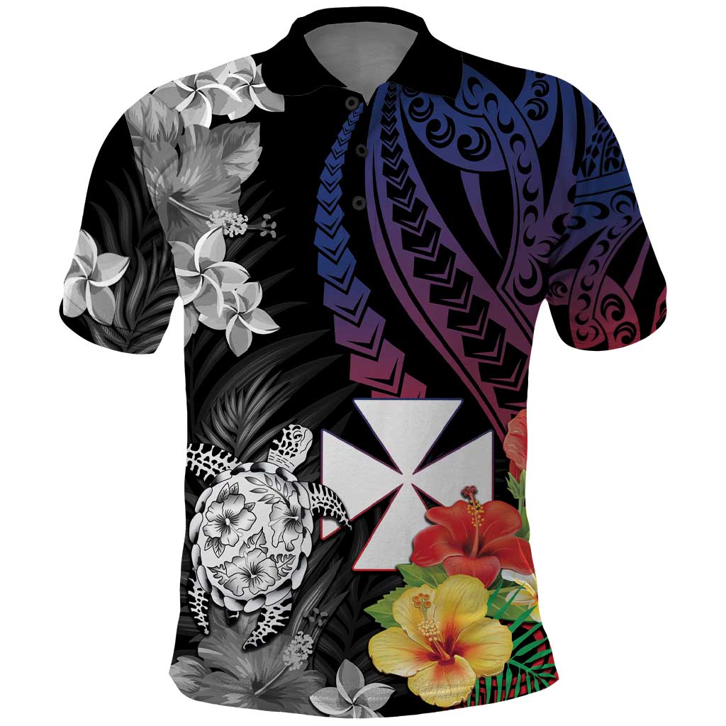 Wallis and Futuna Bastille Day Polo Shirt Tropical Turtle Hibiscus Polynesian Pattern LT05 Black - Polynesian Pride