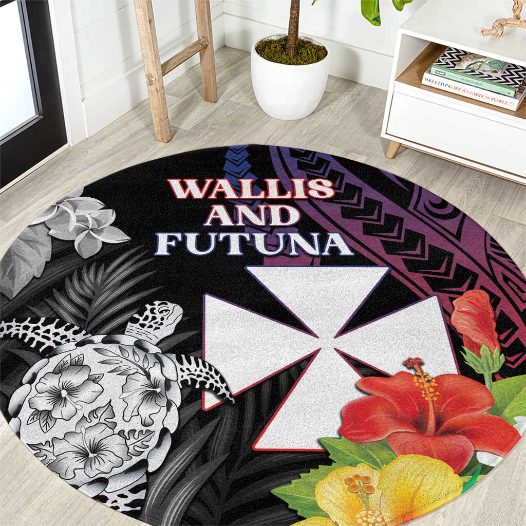 Wallis and Futuna Bastille Day Round Carpet Tropical Turtle Hibiscus Polynesian Pattern LT05 Black - Polynesian Pride