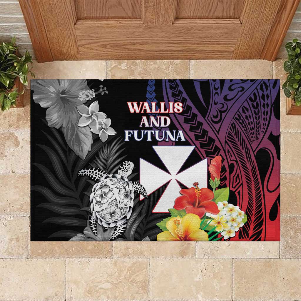 Wallis and Futuna Bastille Day Rubber Doormat Tropical Turtle Hibiscus Polynesian Pattern LT05 Black - Polynesian Pride