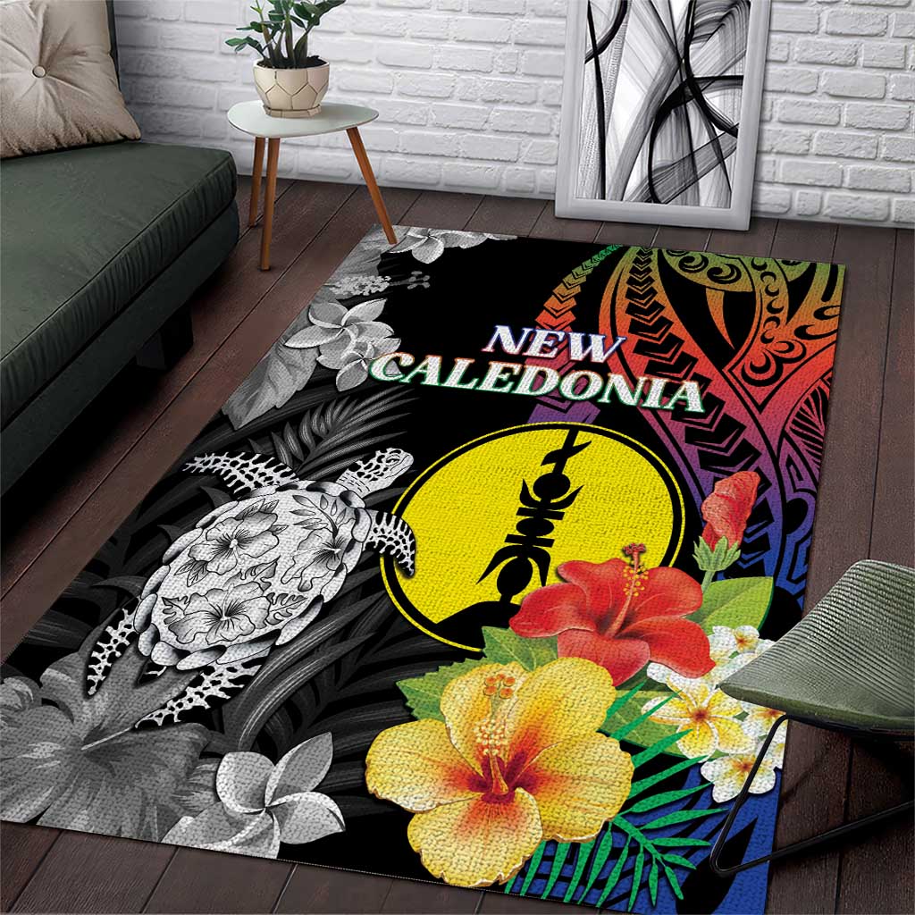 New Caledonia Bastille Day Area Rug Tropical Turtle Hibiscus Polynesian Pattern LT05 Black - Polynesian Pride