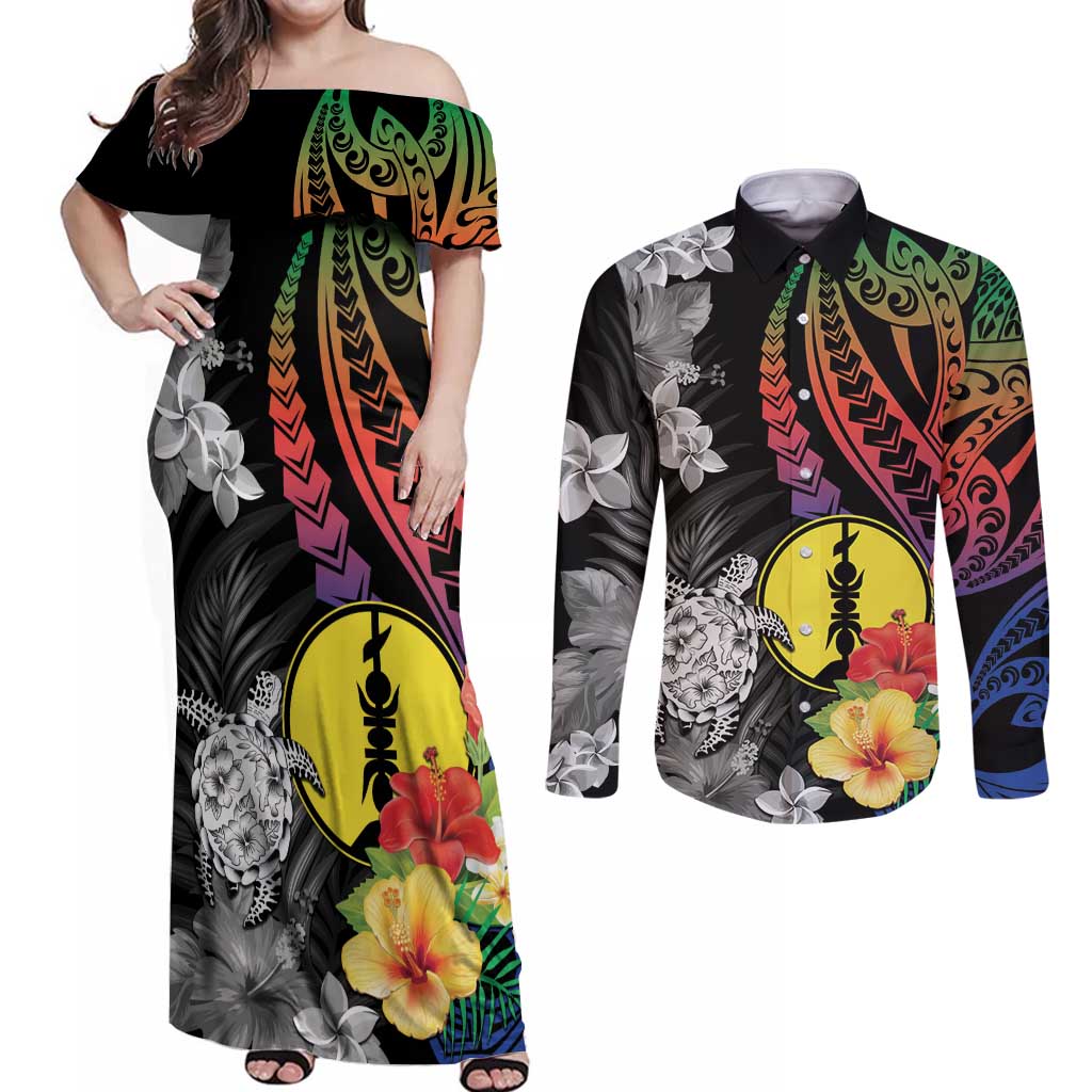 New Caledonia Bastille Day Couples Matching Off Shoulder Maxi Dress and Long Sleeve Button Shirt Tropical Turtle Hibiscus Polynesian Pattern