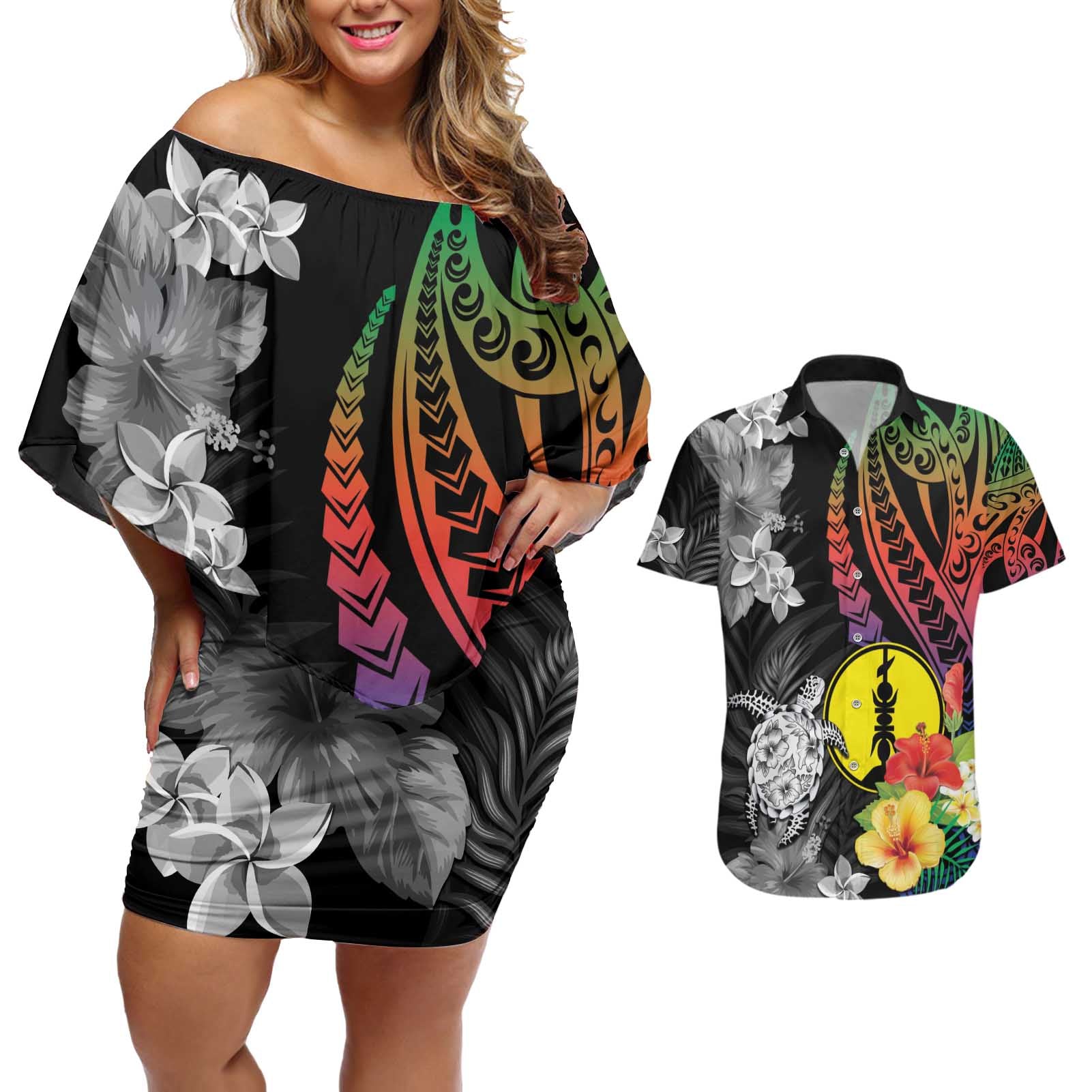 New Caledonia Bastille Day Couples Matching Off Shoulder Short Dress and Hawaiian Shirt Tropical Turtle Hibiscus Polynesian Pattern