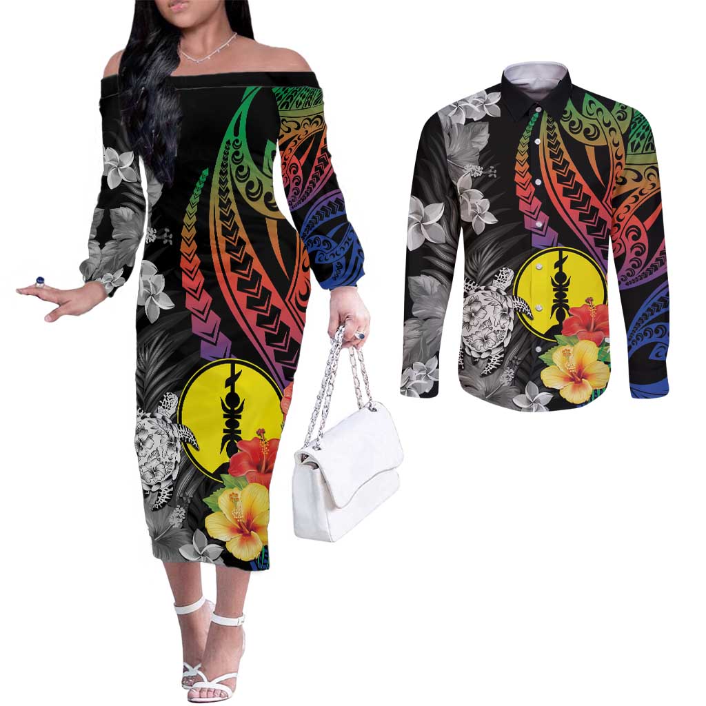 New Caledonia Bastille Day Couples Matching Off The Shoulder Long Sleeve Dress and Long Sleeve Button Shirt Tropical Turtle Hibiscus Polynesian Pattern