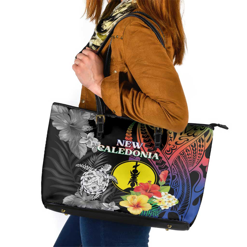 New Caledonia Bastille Day Leather Tote Bag Tropical Turtle Hibiscus Polynesian Pattern