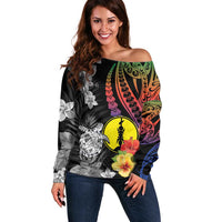 New Caledonia Bastille Day Off Shoulder Sweater Tropical Turtle Hibiscus Polynesian Pattern LT05 Women Black - Polynesian Pride