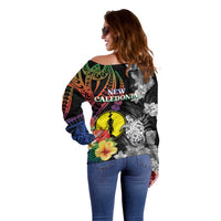 New Caledonia Bastille Day Off Shoulder Sweater Tropical Turtle Hibiscus Polynesian Pattern LT05 - Polynesian Pride