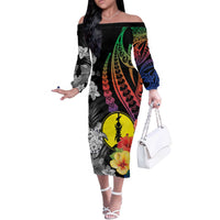 New Caledonia Bastille Day Off The Shoulder Long Sleeve Dress Tropical Turtle Hibiscus Polynesian Pattern LT05 Women Black - Polynesian Pride