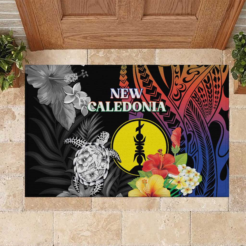 New Caledonia Bastille Day Rubber Doormat Tropical Turtle Hibiscus Polynesian Pattern LT05 Black - Polynesian Pride