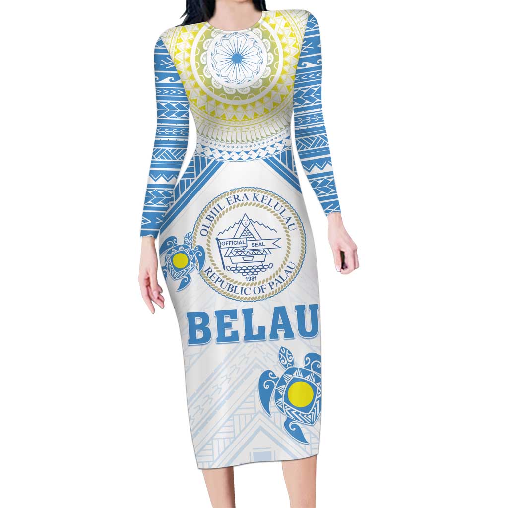 Personalised Palau Constitution Day Long Sleeve Bodycon Dress Polynesian Turtle LT05 Long Dress Blue - Polynesian Pride