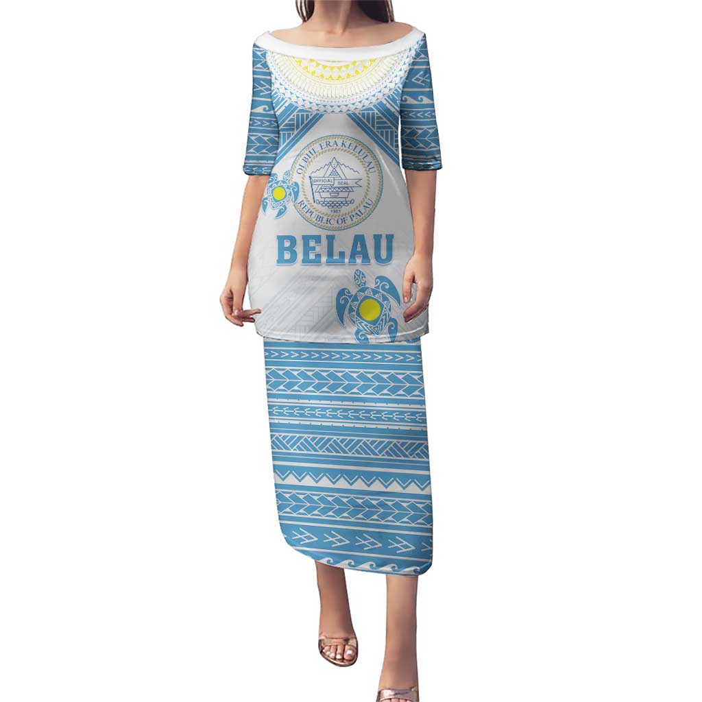 Personalised Palau Constitution Day Puletasi Polynesian Turtle LT05 Long Dress Blue - Polynesian Pride