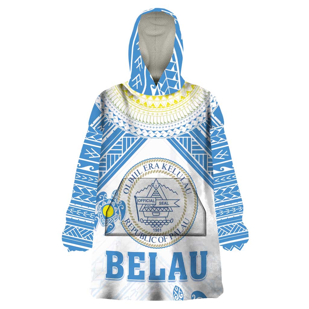 Personalised Palau Constitution Day Wearable Blanket Hoodie Polynesian Turtle LT05 One Size Blue - Polynesian Pride