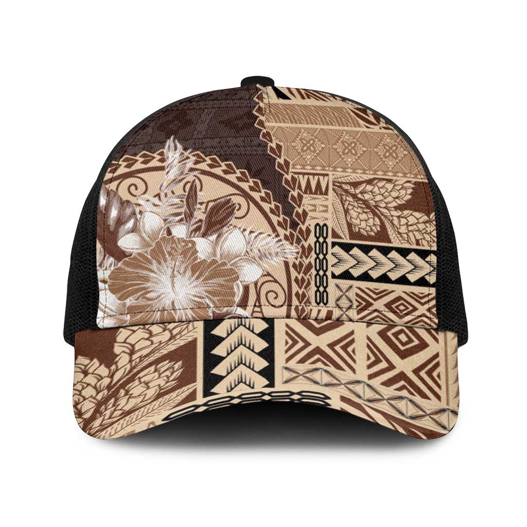 Samoa Siapo Elegant Baseball Net Cap Hibiscus Chocolate Brown Motifs LT05 One Size Black Brown - Polynesian Pride