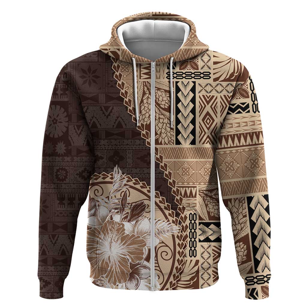 Samoa Siapo Elegant Hoodie Hibiscus Chocolate Brown Motifs LT05 Zip Hoodie Brown - Polynesian Pride