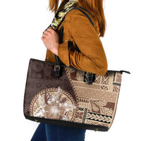 Samoa Siapo Elegant Leather Tote Bag Hibiscus Chocolate Brown Motifs LT05 Brown - Polynesian Pride