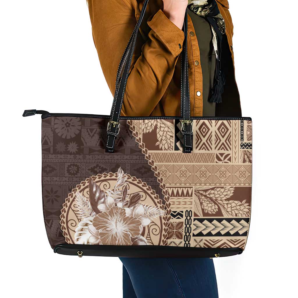 Samoa Siapo Elegant Leather Tote Bag Hibiscus Chocolate Brown Motifs LT05 - Polynesian Pride