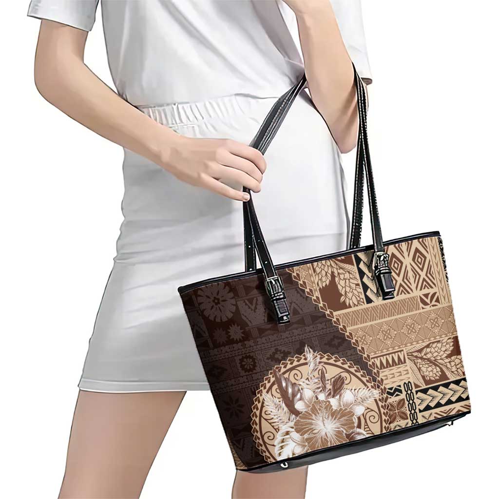 Samoa Siapo Elegant Leather Tote Bag Hibiscus Chocolate Brown Motifs LT05 - Polynesian Pride