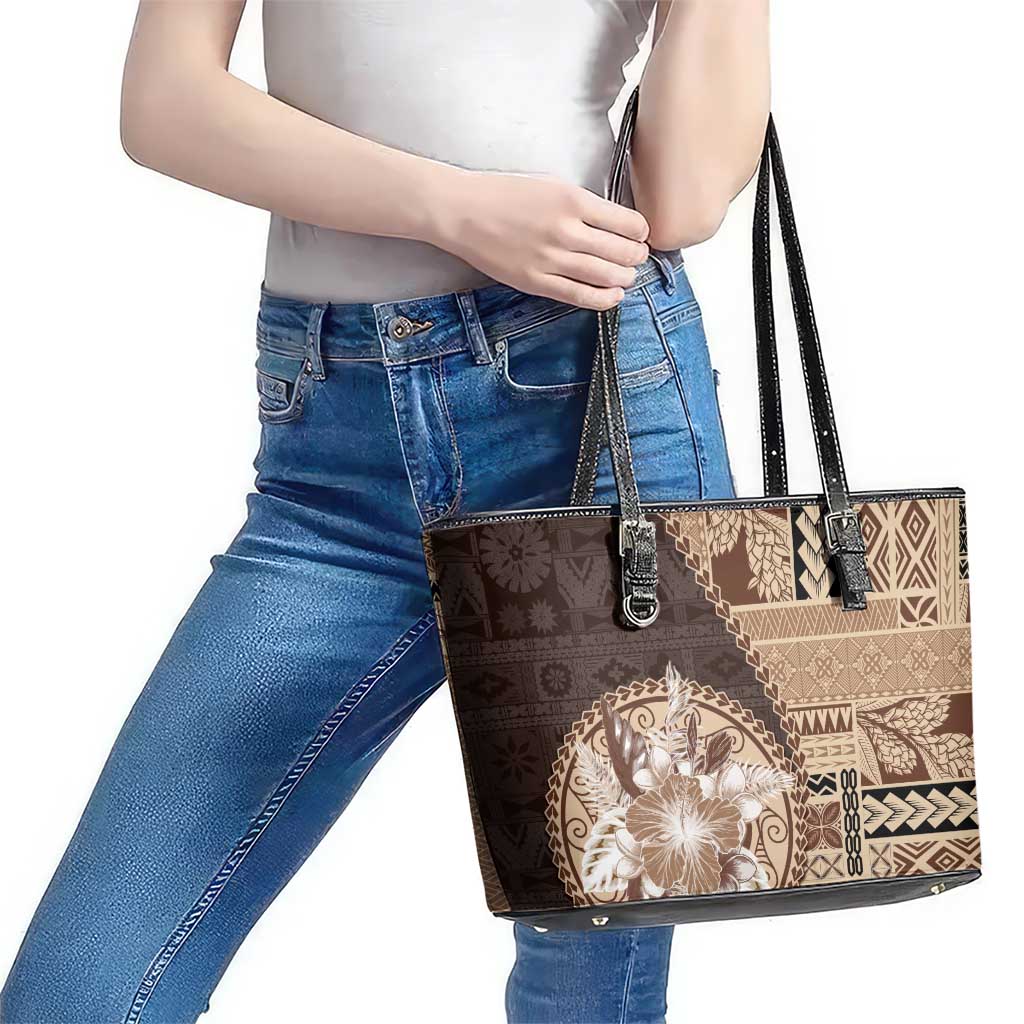 Samoa Siapo Elegant Leather Tote Bag Hibiscus Chocolate Brown Motifs LT05 - Polynesian Pride