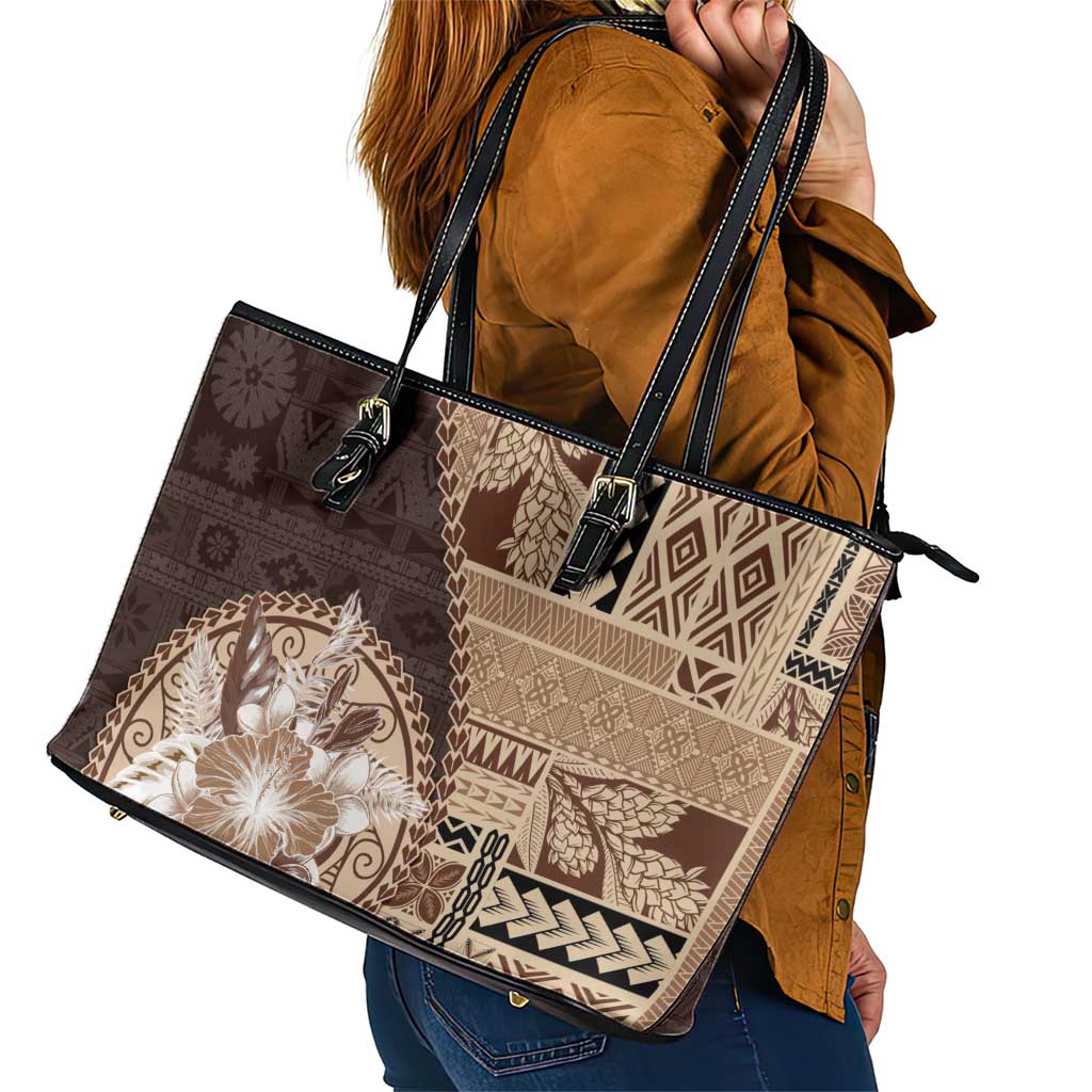 Samoa Siapo Elegant Leather Tote Bag Hibiscus Chocolate Brown Motifs LT05 - Polynesian Pride
