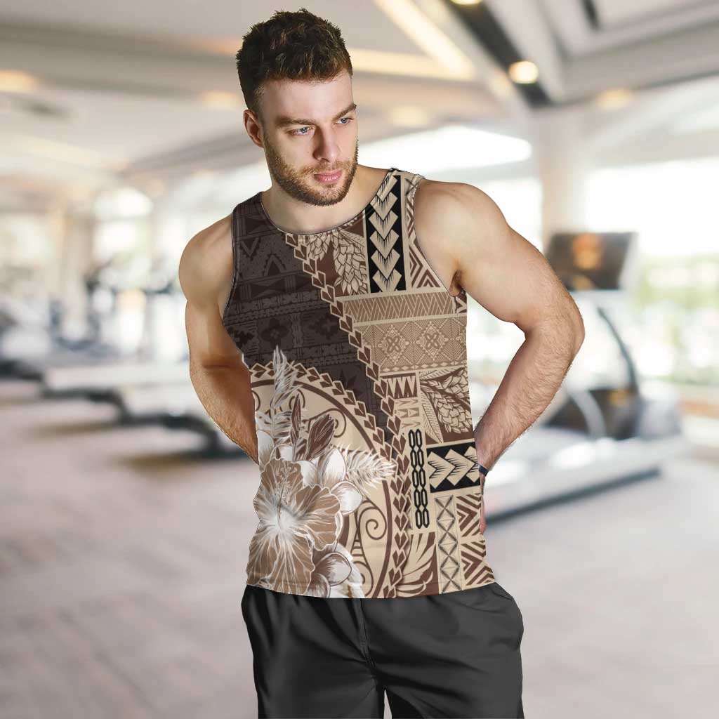Samoa Siapo Elegant Men Tank Top Hibiscus Chocolate Brown Motifs LT05 Brown - Polynesian Pride