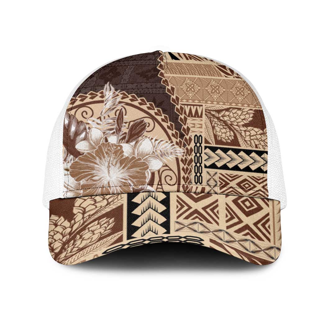 Samoa Siapo Elegant Mesh Trucker Cap Hibiscus Chocolate Brown Motifs LT05 One Size White Brown - Polynesian Pride
