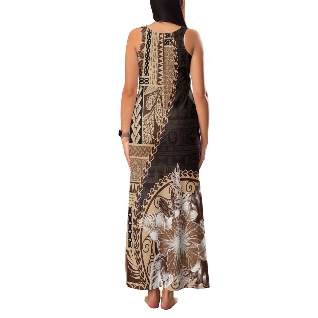 Samoa Siapo Elegant Tank Maxi Dress Hibiscus Chocolate Brown Motifs LT05 - Polynesian Pride