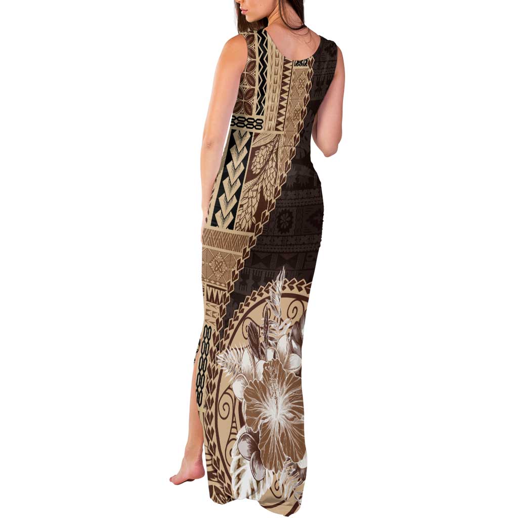 Samoa Siapo Elegant Tank Maxi Dress Hibiscus Chocolate Brown Motifs LT05 - Polynesian Pride