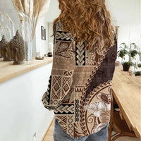 Samoa Siapo Elegant Women Casual Shirt Hibiscus Chocolate Brown Motifs LT05 - Polynesian Pride