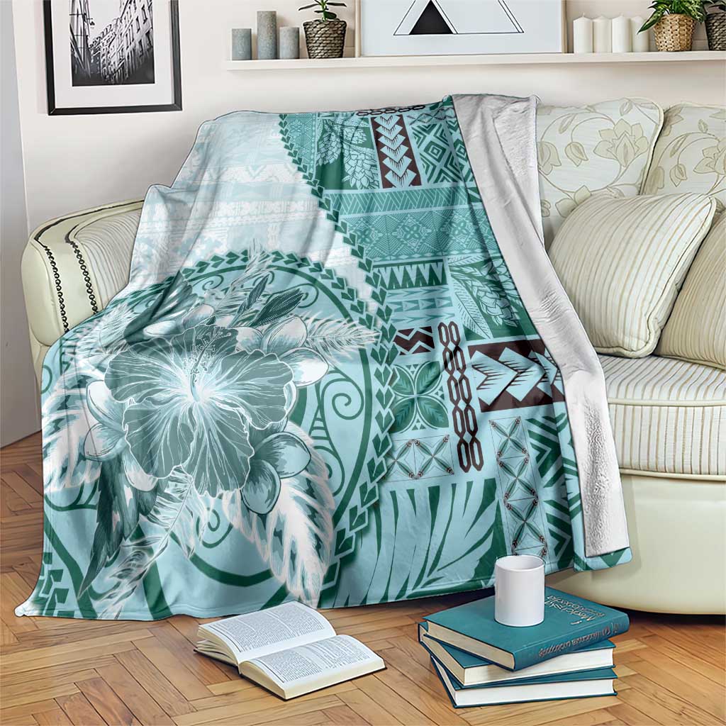Samoa Siapo Elegant Blanket Hibiscus Teal Motifs LT05 Teal - Polynesian Pride