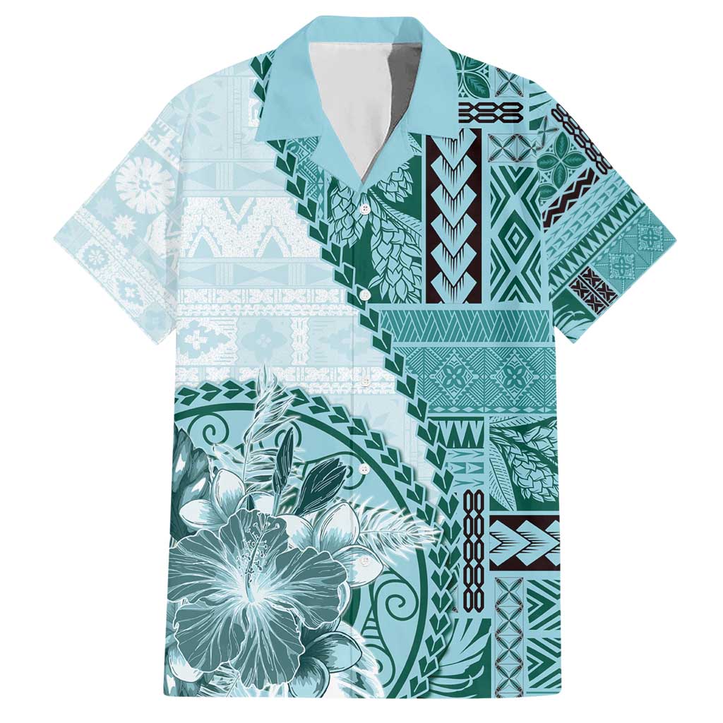 Samoa Siapo Elegant Hawaiian Shirt Hibiscus Teal Motifs LT05 Teal - Polynesian Pride