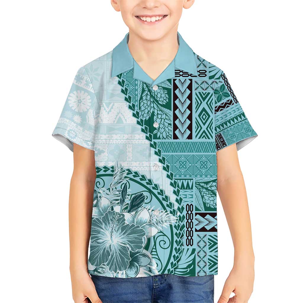 Samoa Siapo Elegant Kid Hawaiian Shirt Hibiscus Teal Motifs LT05 Kid Teal - Polynesian Pride