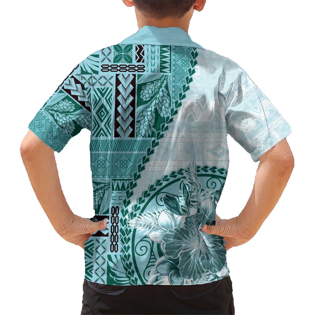 Samoa Siapo Elegant Kid Hawaiian Shirt Hibiscus Teal Motifs LT05 - Polynesian Pride