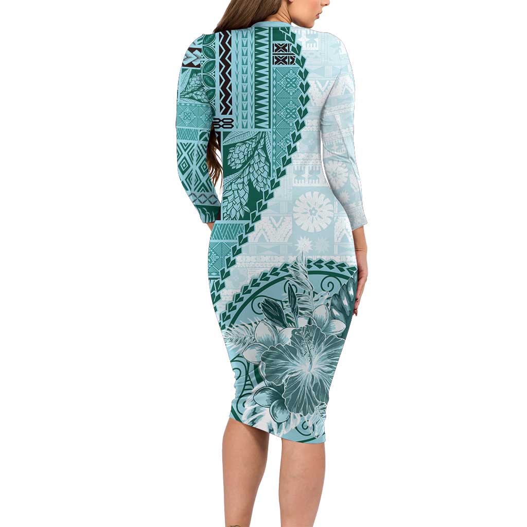 Samoa Siapo Elegant Long Sleeve Bodycon Dress Hibiscus Teal Motifs LT05 - Polynesian Pride