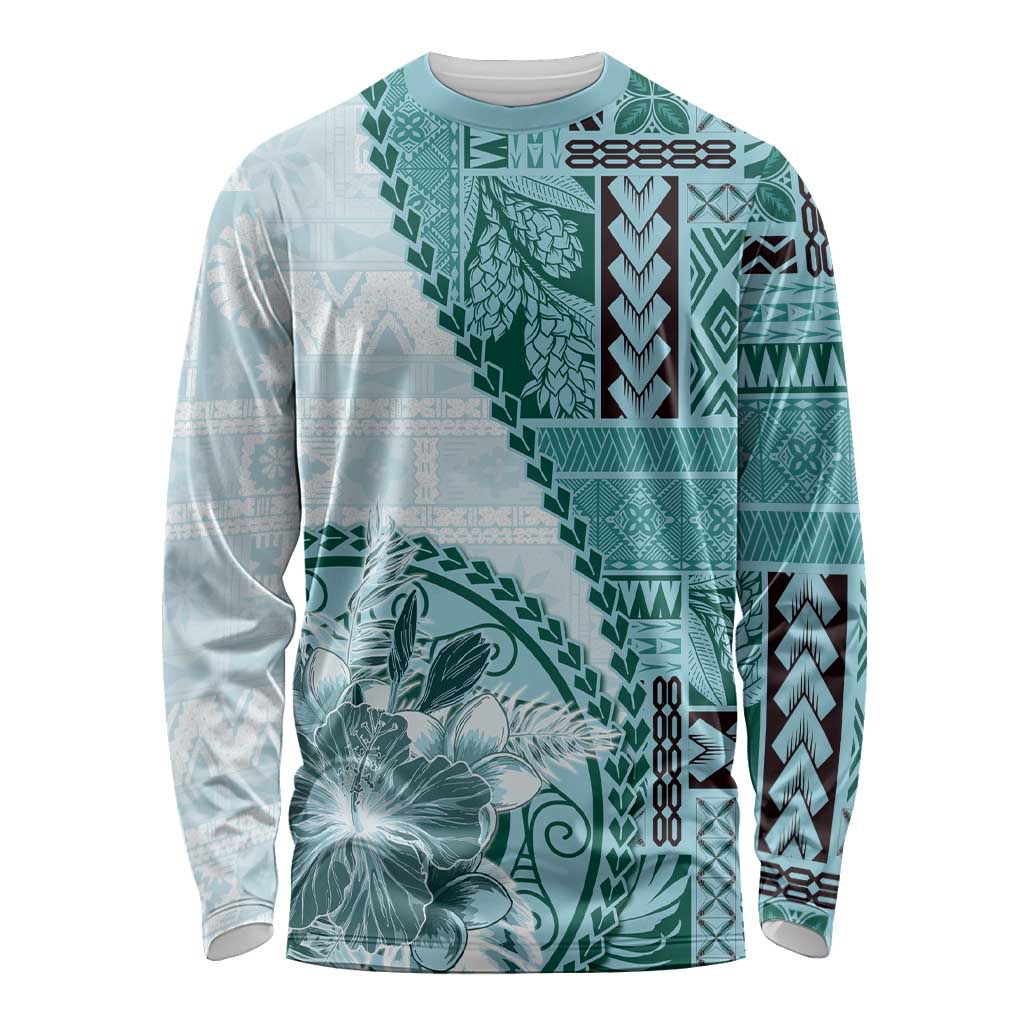 Samoa Siapo Elegant Long Sleeve Shirt Hibiscus Teal Motifs LT05 Unisex Teal - Polynesian Pride