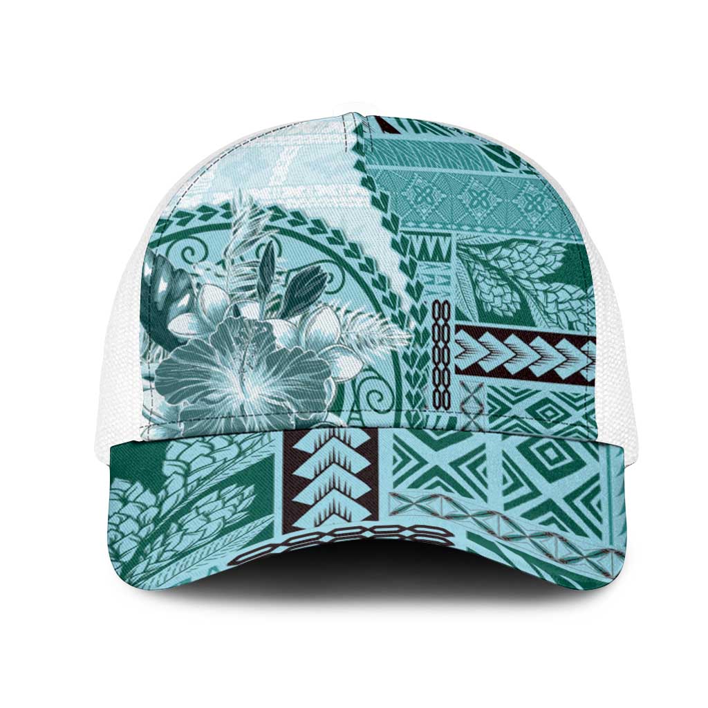 Samoa Siapo Elegant Mesh Trucker Cap Hibiscus Teal Motifs LT05 One Size White Teal - Polynesian Pride