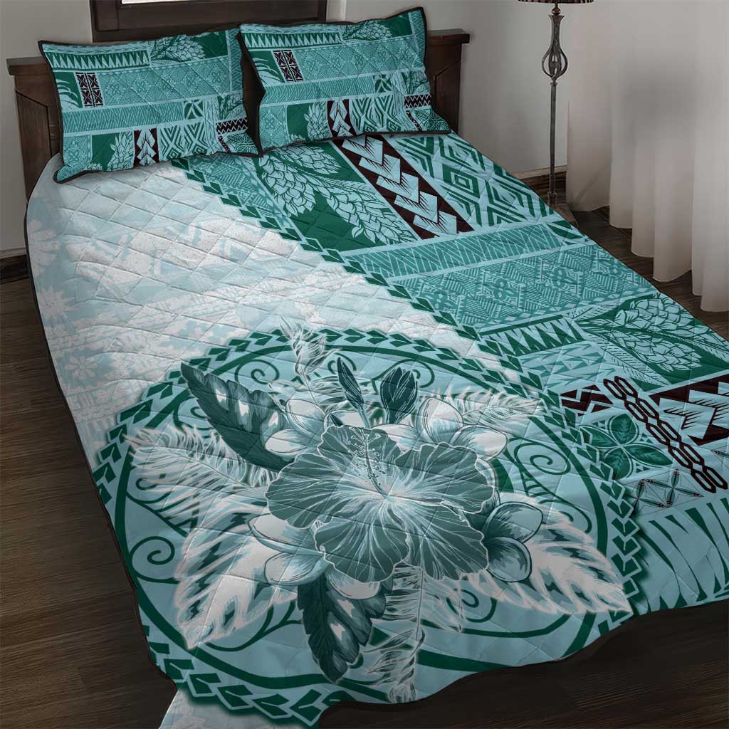 Samoa Siapo Elegant Quilt Bed Set Hibiscus Teal Motifs LT05 Teal - Polynesian Pride