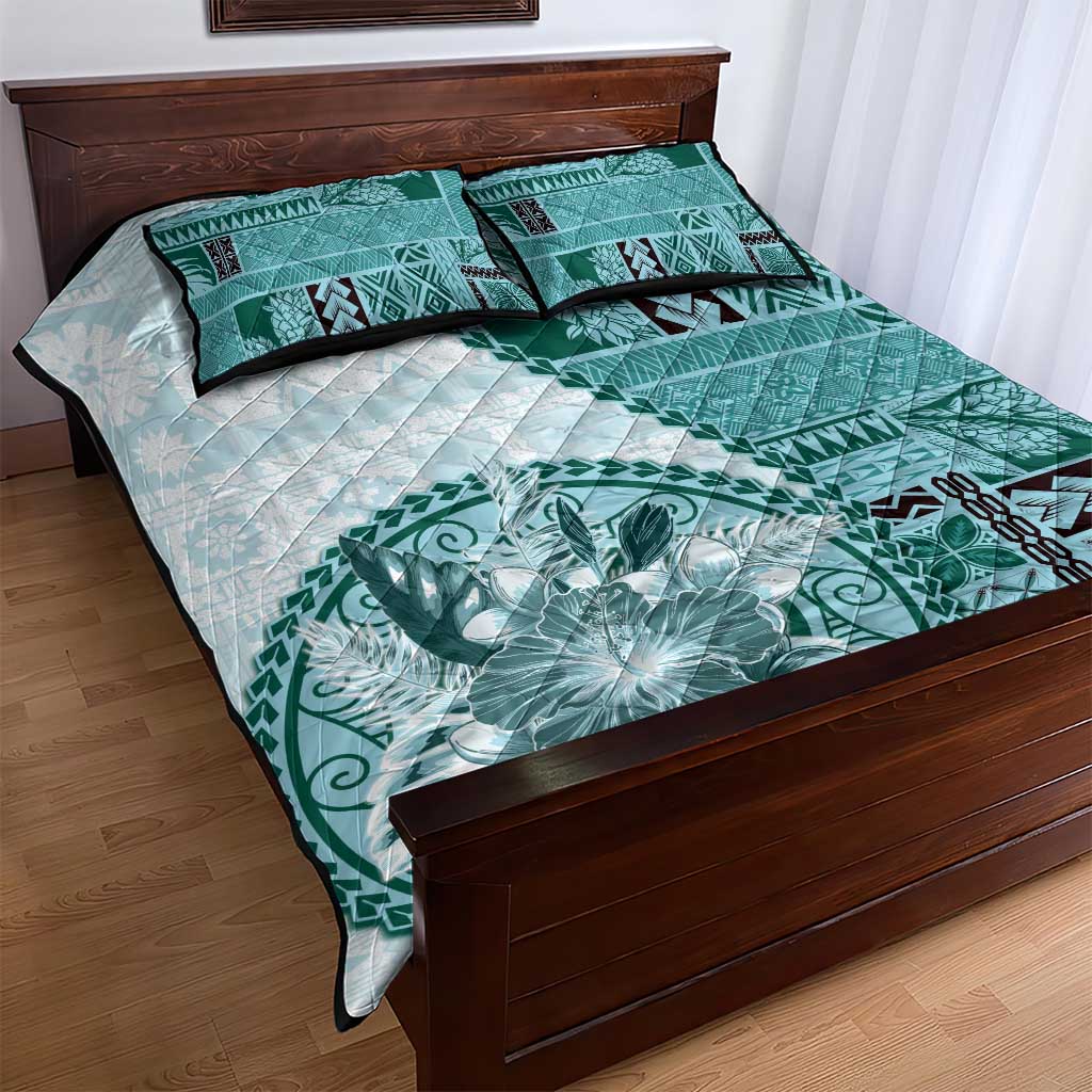 Samoa Siapo Elegant Quilt Bed Set Hibiscus Teal Motifs LT05 - Polynesian Pride